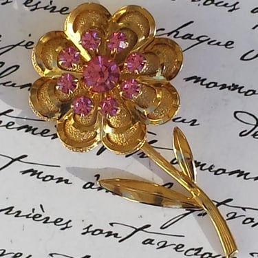 Retro Daisy Brooch~Pink Rhinestone Hippie Pin~Large Vintage Brooch~Mid Century 1950-60s Estate Jewelry~Bridal Bouquet~JewelsandMetals 