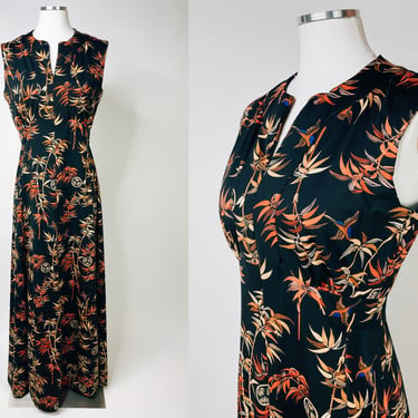 1970s Sparrow Print Black & Brown Sleeveless Hostess Dress Handmade Medium | Birds, Leaves, Vintage, Retro, Fancy Loungewear 