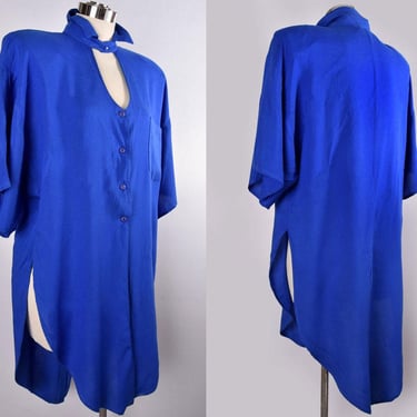 1980's Blue Shirt Dress Vintage Shoulder Pads Shirt Tails New Wave 