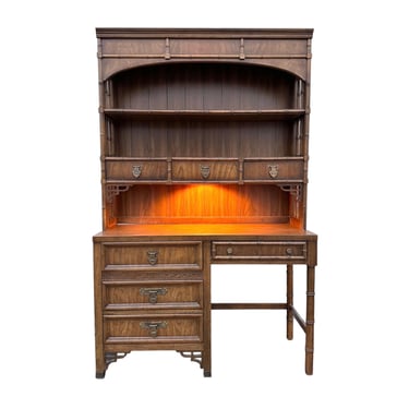 Faux Bamboo Desk and Lighted Bookcase by Dixie ShangriLa - Rare 2 Piece Vintage Chinoiserie Wood Hollywood Regency Bookshelf Hutch Furniture 