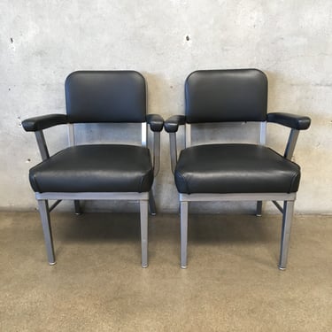 Pair of 1960's McDowell Craig Natural Steel Tanker Arm Chairs with Blue Leather