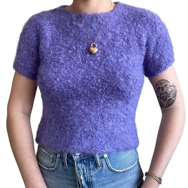 Vintage 90s Womens Purple Wool Short Sleeve Sweater Tee Shirt Sz M Made in Italy 