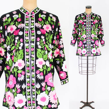 1970s Black Embroidered Jacket | S70s Black Mandarin Flowered Shirt | Caro of Honolulu | Large 