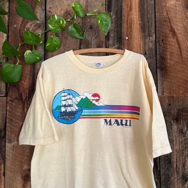 Vintage 80s Maui sunset Pastel Print T shirt Singke stitched poly tees size XL 