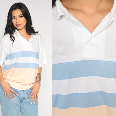 80s Striped Polo Shirt White Peach Blue Stripes Short Sleeve Banded Hem Button Neck Color Block Slouchy Top 1980s Vintage Medium Large 