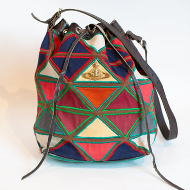 Vintage Vivienne Westwood Multicolor Leather + Canvas Orb Bucket Bag Patchwork Ethical Africa Y2K Anglomania Hobo Crossbody 