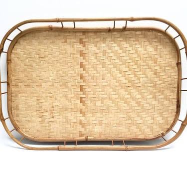 Vintage woven bamboo trays | set of 4 | wicker rattan trays | vanity tray | serving tray | retro entertaining | boho decor | set of trays 