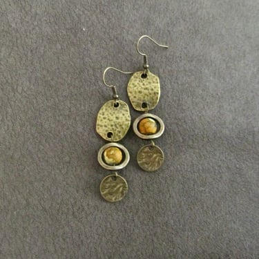 Yellow stone earrings, bronze modern earrings, unique ethnic earrings, mid century, tribal earrings, minimalist geometric earrings 