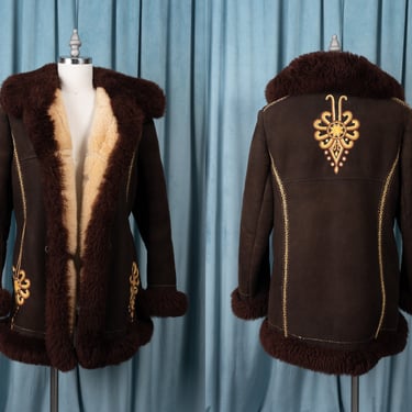 Incredible 1970s Embroidered Sheepskin Shearling Fur-trimmed Coat with Leather Toggles Handmade in Poland 