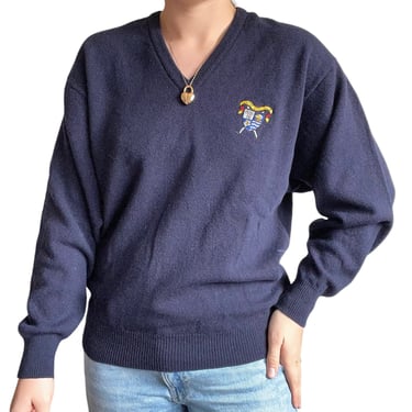 Vintage Lyle & Scott Mens Navy Blue Wool V Neck Preppy Sweater Made in Scotland 
