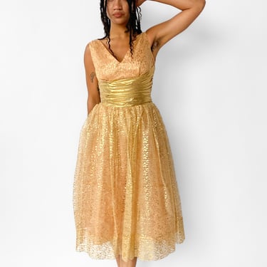 1960s Peach and Gold Tulle Party Cocktail Dress, sz. S