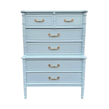 Faux Bamboo Tallboy Dresser by Henry Link Bali Hai Painted Light Blue - 1970s Vintage Two Tier Chest of 5 Drawers Hollywood Regency Coastal 