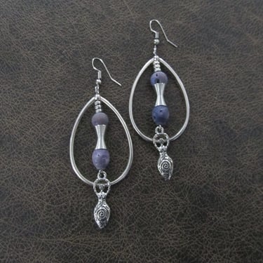 Silver and purple agate goddess hoop earrings 