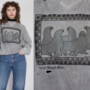 Med-Lrg 90s Sea Lion Grey Dyed Sweatshirt Unisex | Vintage Carmel Pebble Beach Distressed Graphic Tourist Crewneck 