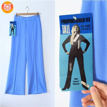 DEADSTOCK - Groovy Vintage 60s 70s Blue Poly Pants for Taller Ladies 
