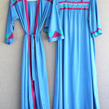 1970s - Two Peice - Robe and Gown - Blue - Patchwork - Color Block - by Henson  - Marked Medium 