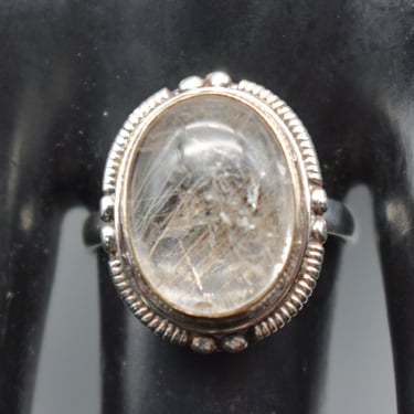 70's sterling golden rutile quartz size 9 Southwestern solitaire, tribal 925 silver flawed rutilated clear quartz cab ring 