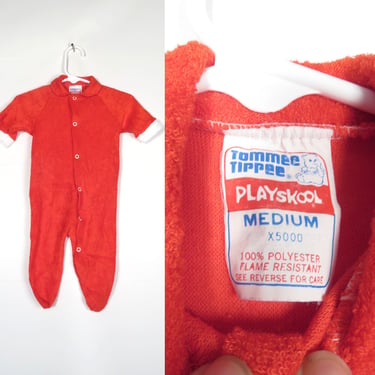 Vintage 80s Baby Playskool Tommee Tippee Bright Red Terry Cloth Onesie Size 0-3M 