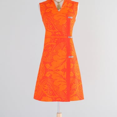 Vintage Late 1960's Mod Red-Orange Wrap Dress Made With Marimekko Fabric / M