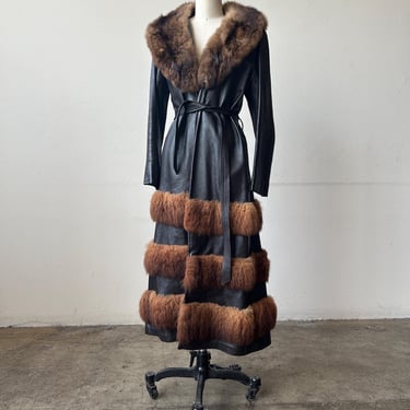 3161o / 70s convertible brown leather fox fur coat / s 