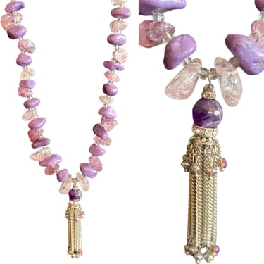 amethyst necklace set, 1990s beaded necklace, artist made, necklace and earrings, raw stone, tassel, flapper 