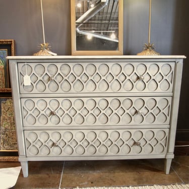 HICKORY CHEST OF DRAWERS IN PALE GREY/ GREEN WITH MARBLE TOP