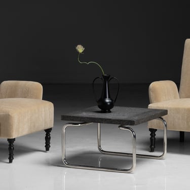 Velvet Mohair Armchairs / Gio Ponti Vase / Cassina Side Table