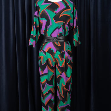 Amazing 80s PBJ Abstract Jumpsuit with Pleated Yoke and Pockets 
