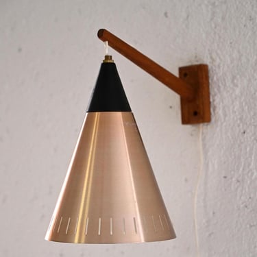 Vintage Scandinavian Wall Lamp with Teak Arm and Black Conical Shade 