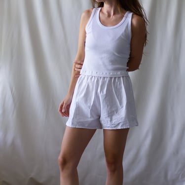 Vintage 24 25 26 27 28 Waist White Elastic Cotton Shorts | Made in France | XS S | 