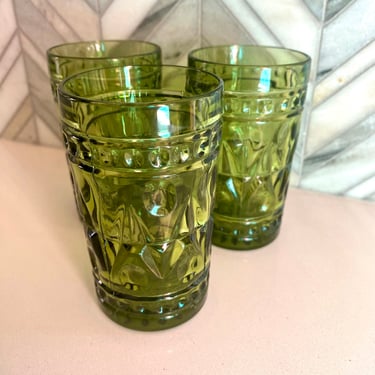 Colony Park Lane Green Glass Juice Glasses, Set of 3, Imperial Cape Cod, Pressed Glass, Vintage Glassware 