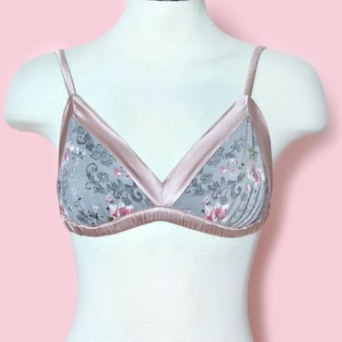 New TAGS 1990's Victoria's Secret Pink BRA, Size Medium, Triangle, Vintage Lingerie ,Y2K,  Soft cup, Pinup Grey Floral New Old Stock 