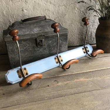 French Coat Hook Rack, Blue Painted Wood, Iron, Hats, Hallway Mudroom Decor 