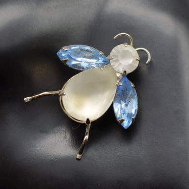 50's frosted glass blue rhinestone bee brooch, whimsical mid-century abstract silvertone bling bug pin 