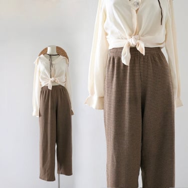 micro houndstooth lounge trousers 28-34 - vintage 90s y2k brown beige tan patterned knit womens medium pants 