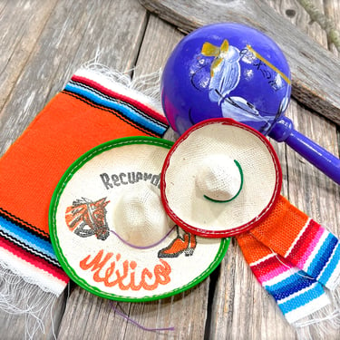VINTAGE: 4pcs - Mexican Souvenirs - Maracas, Hat, Zarape - Musical Instrument - Fiesta - Crafts - SKU Tub-398-00034023 
