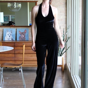 Velvet Jumpsuit, Vintage 1990s, Catsuit, Clubwear, Black Stretch Velour, S Women 