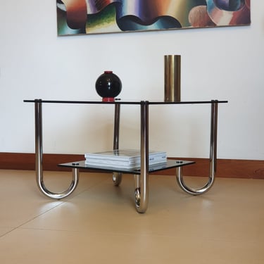 vintage tubular coffee table / smoked glasses / modern / mid century / Bauhaus style 