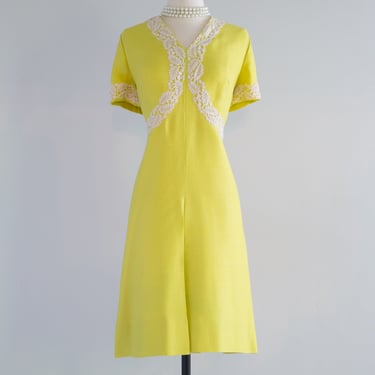 Brilliant 1960's Lemon Yellow Linen Dress By Vera Maxwell / XL