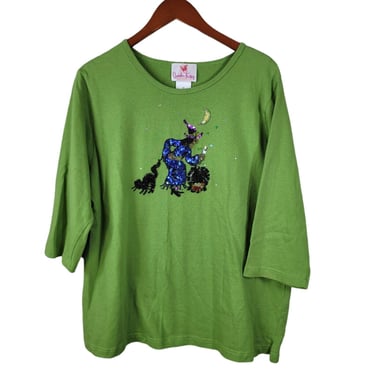 Vintage Quacker Factory Witch Halloween Top Plus Sz 1X Black Cat Cauldron Green 