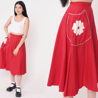 50s Floral Skirt Red Midi Swing Poodle Skirt Rhinestone Studded Skirt 1950s A-Line High Waisted 60s Retro Vintage 2xs 23 Waist 