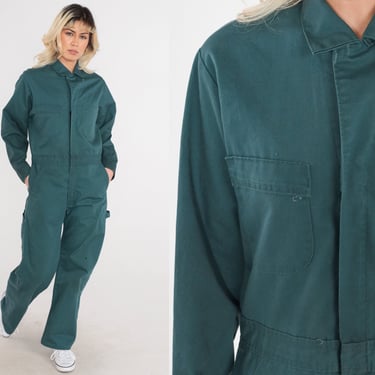 Green Boiler Suit 80s Coveralls Long sleeve Jumpsuit Pants Workwear Utility Mechanic Uniform Boilersuit Work Wear Vintage 1980s Medium M 