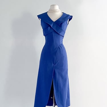 Incredible 1980's Blue Linen Cut-out Dress / Sz M