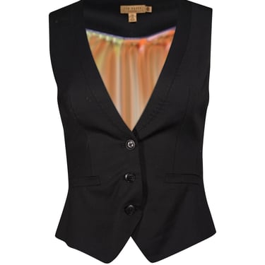 Ted Baker - Black Wool Blend Tailored Vest w/ Brushstroke Print Satin Back Sz 2