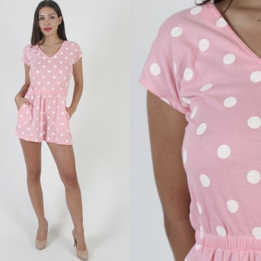 Cute Cotton Candy Pink Polka Dot Romper, Vintage 80s Open Back Jersey Playsuit, Stretchy Mid Weight Mini Shorts With Pockets 