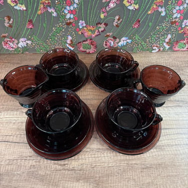 Hazel Atlas Moroccan Amethyst Moderntone Glass Tea Set Complete with Cups Saucers Dessert Plates Creamer Sugar Bowl 