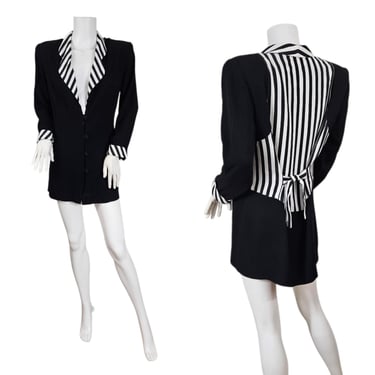 1990s Black White Stripe Rayon Tuxedo Jacket I Blazer I Sz Med I Impulsive 
