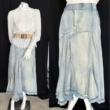 Midi Denim Skirt, Midi, Hi Lo, Faded Light Wash, Ruffle Trim, Vintage 90s 00s 