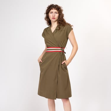 Petite Small 70s Olive Green Midi Wrap Dress | Vintage Cap Sleeve Belted Pocket Sundress 