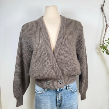 Vintage Chunky Knit Taupe Cardigan with Double-Button Waist made in UK 50% Mohair 